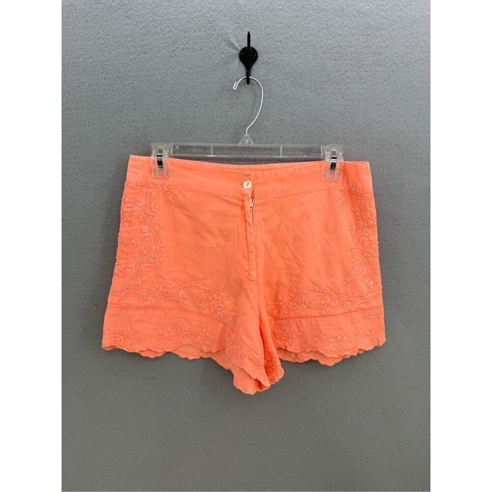 Juliet Dunn London Womens Orange Tonal Hand Embroidery High Waist Shorts Size 6